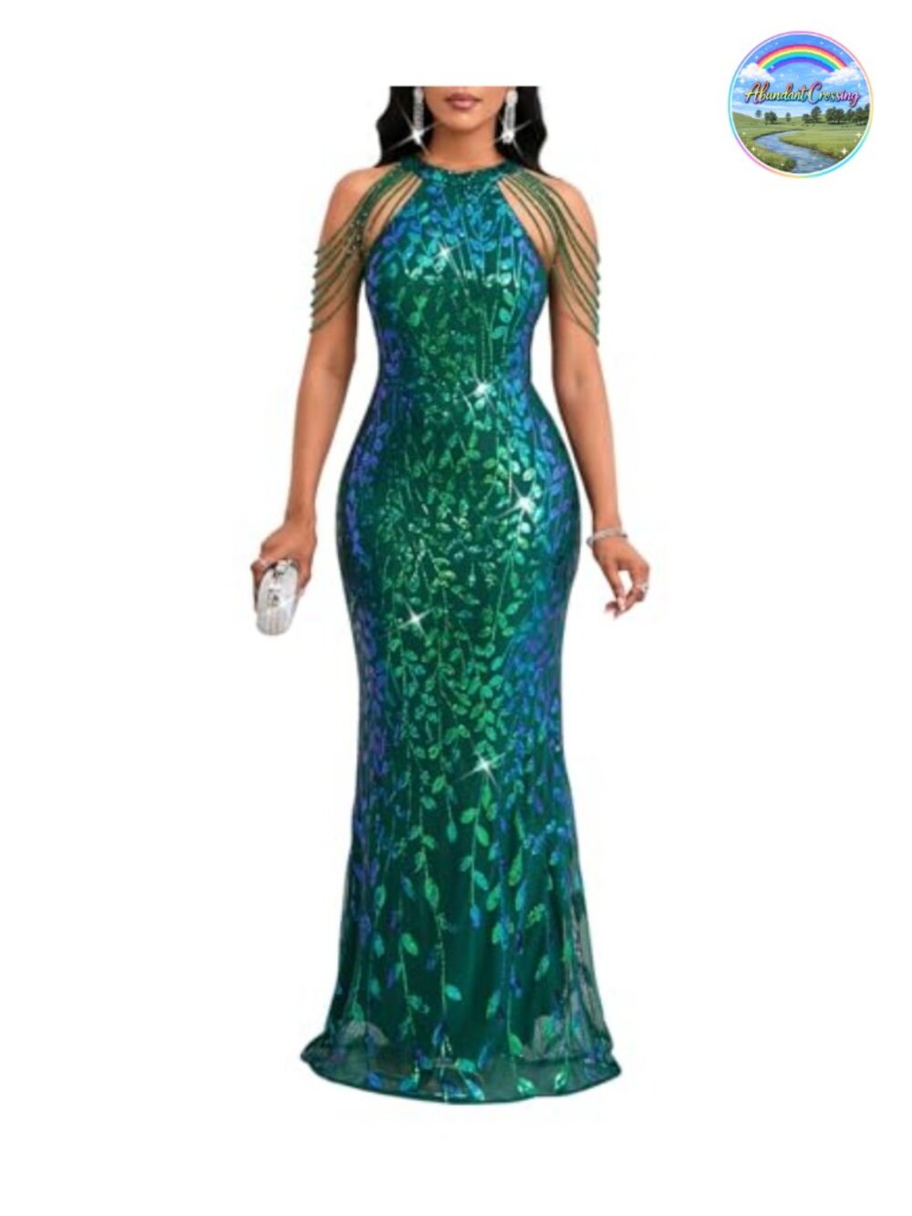 Sequin Halter Tassel Mermaid Formal Maxi Dress Evening Gown